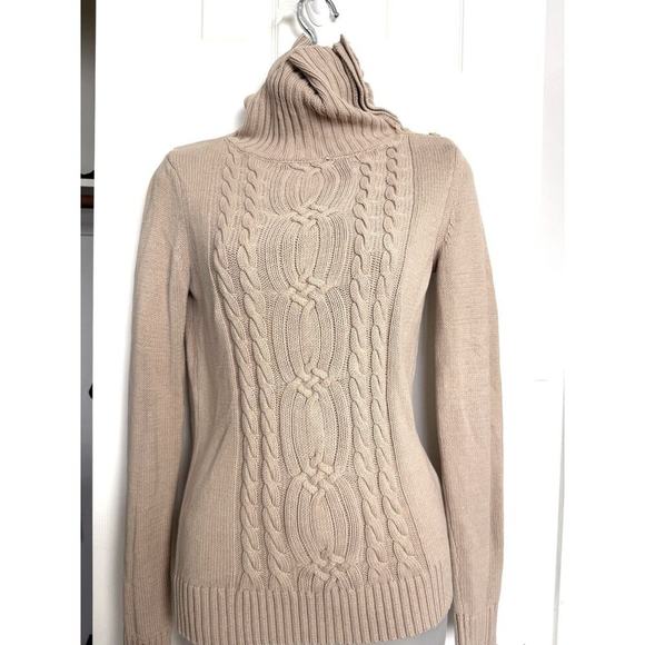 y2k Vintage Tommy Hilfiger Tan Cable Knit Fisherman Sweater Turtle Neck Womens S - Picture 1 of 10